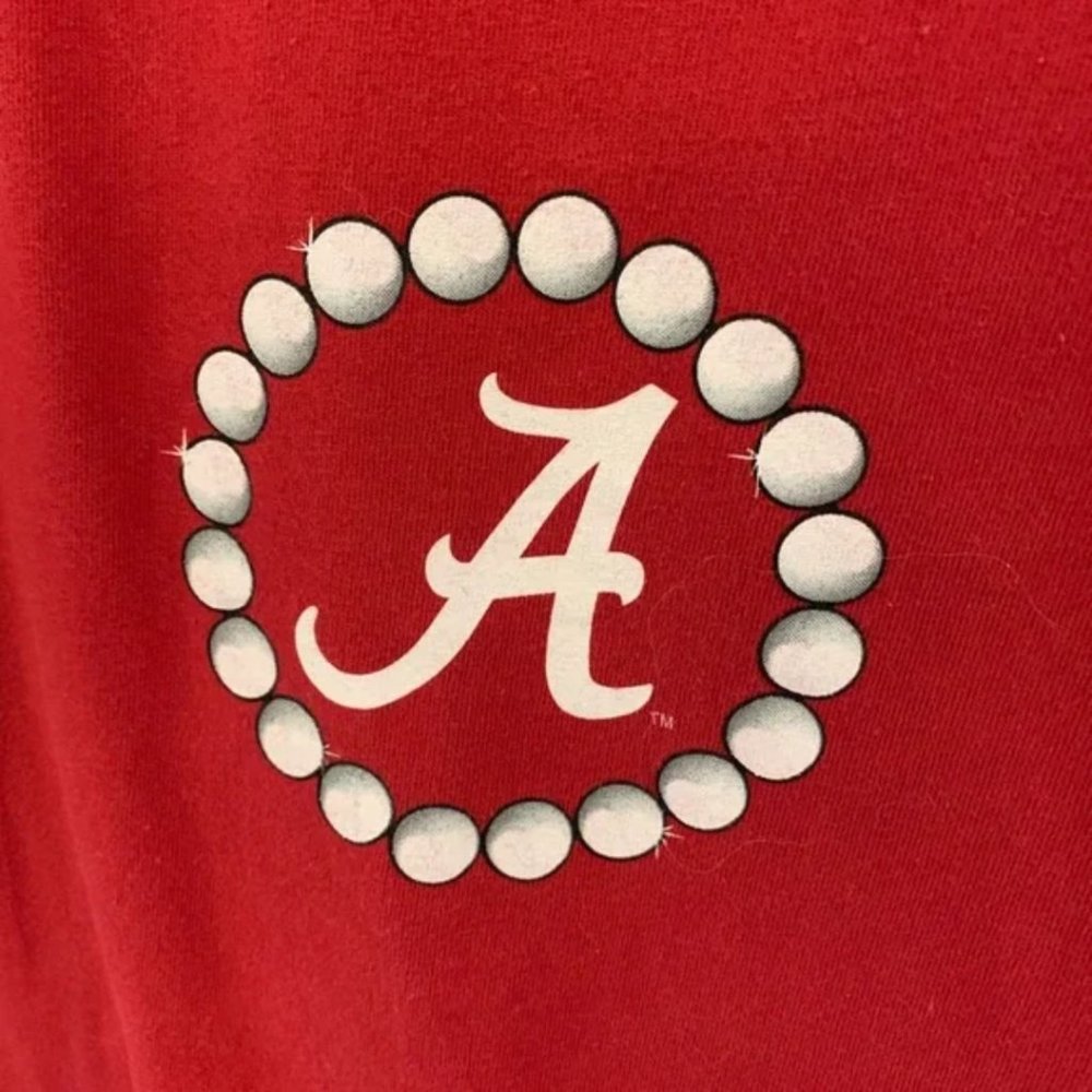 L Alabama T-shirt pearls preloved excellent BAMA girl Roll Tide crimson Viatran - Picture 5 of 7